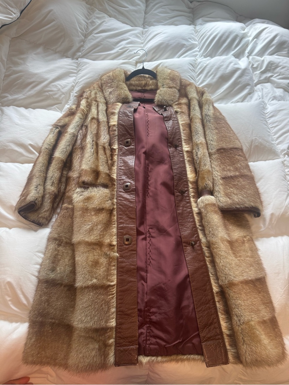 Vintage Full-Length Fur Coat with Leather Trim - Tan & Brown